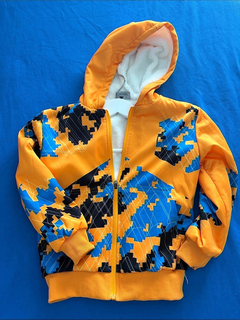 Kids Orange & Blue Geometric Hooded Jacket
